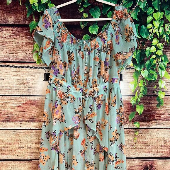 Boutique Maxi Dress Sz 1X Floral High Low Sheer Floral Boho Ruffle Short Sleeve - Picture 2 of 8